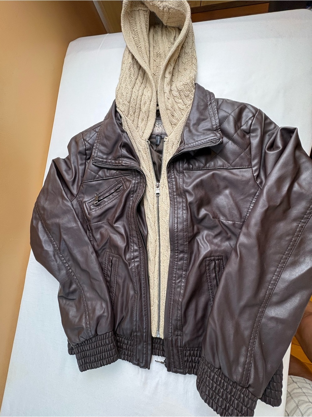 Ci Sono Dark Brown Faux Leather Bomber Jacket with Cream Knit Hooded Liner